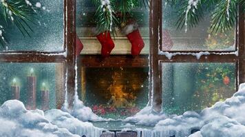 Christmas Fireplace Through a Window with Snowfall 4K Loop features a view from outside a frost and snow covered window into a room with a fireplace and candles with flickering fire in a loop. video