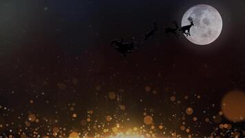 Golden Metallic Merry Christmas Arise Santa Moon 4K Loop features golden particles rising to create a Merry Christmas message with a Santa silhouette flying across a full moon in a loop. video