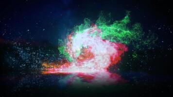 Seasons Greetings Fire Ball 4K Loop features red and green fire balls coming together in a particle filled atmosphere to produce and explosion that results in a Seasons Greetings message in a loop video