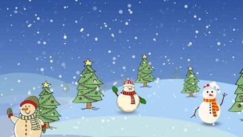 Snow People Over the Hills and Through the Snow 4K Loop features a camera flying through a scene of Christmas trees and animated snow people with snow falling in a loop video