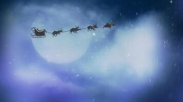 Santa Snowfall Particles Seasons Greetings 4K features a clouded full moon with a silhouette of Santa flying and moving down to show a snowfall revealing a Seasons Greetings message. video