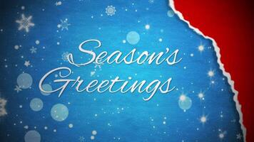 Seasons Greetings Package Open 4K Loop features a present with Christmas colored textured paper ripping open and revealing a Seasons Greetings message with falling snowflakes in a loop. video