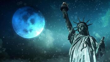 Statue of Liberty with Santa in a Winter Snow 4K Loop features the Statue of Liberty with snow falling, clouds moving, and Santa flying across a full moon in the sky in a loop. video