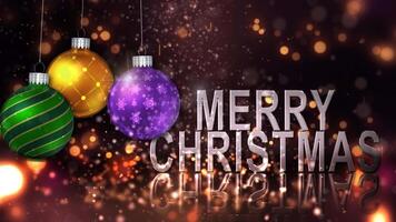 Merry Christmas Ornament Celebration 4K Loop features particles and glitter falling on a surface with metallic words saying Merry Christmas and round ornaments spinning and swinging in a loop. video