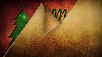 Merry Christmas Paper Tear 4K Loop features grungy paper tearing away to reveal more paper with a tree and the words Merry Christmas cut out with green swirling particles in a loop. video