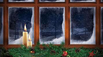 Christmas Window Santa Fly by 4K Loop features a window with frost on the glass and two candles flickering with snow falling outside and Santa and his Reindeer flying by in a loop video