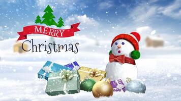 Merry Christmas From the Country 4K features a snowman, presents and ornaments with pine trees and clouds in the background with snow falling all around and an animated Merry Christmas. video