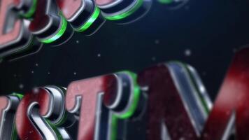 Red Green Merry Christmas Metal 3d Text 4K Loop features varying camera angles showing an elegant 3d Merry Christmas text with snow like particles flying through the scene in a loop video