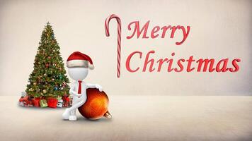 White Figure Christmas Ornament Message 4K Loop features a white 3d figure in a Santa hat leaning on a Christmas ornament in a bare white room with an animated Merry Christmas message. video