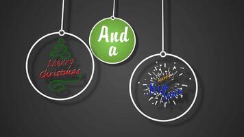 Merry Christmas Happy New Year Ornaments on Strings 4K Loop features three ornaments coming down on strings against a gray background with a Holiday message and then going back up in a loop. video