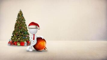 White Figure Christmas Ornament in Room 4K Loop features a white 3d figure in a Santa hat leaning on a Christmas ornament in a bare white room in a loop. video