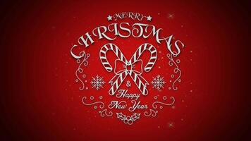 Merry Christmas New Year Candy Cane Badge 4K Loop features Merry Christmas Happy New Year text and candy canes animating on and off a red gradient background in a loop. video
