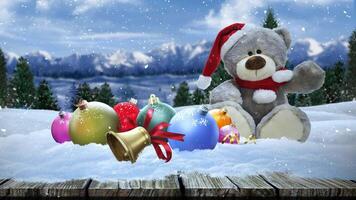 Christmas Country Bear in the Snow 4K Loop features a stuffed bear sitting with Christmas ornaments of a wood sidewalk with a pine forest and mountains in the background with snow falling video