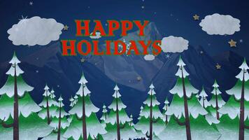 Winter Happy Holidays Pine Forest 4K features pine trees popping up and mountains in the back with snowflakes falling and a Happy Holidays message video