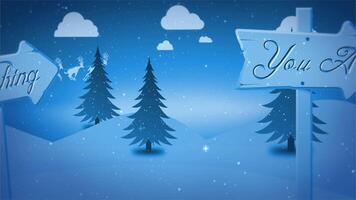 Merry Christmas Winter Signs 4K features a camera panning over a winter scene with pine trees and signs along the way wishing the viewer a Merry Christmas. video