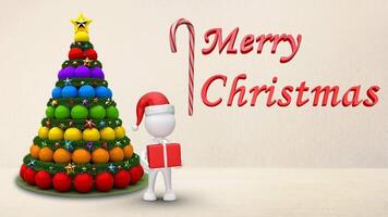 White Figure Christmas Gift with text 4K Loop features a white 3d figure in a Santa hat offering a present in a bare white room with an animated Merry Christmas message in a loop. video
