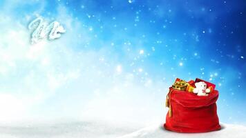 Santa Present Bag Glitter Rising Merry Christmas 4K Loop features a red Santa bag full of presents with swirling snow, clouds, and glitter particles rising and a Merry Christmas message in a loop. video