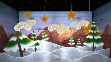Merry Christmas in a Box 4K Loop features pine trees, clouds, and star cutouts animating on stage in a box with a wooden sign falling in view with a Merry Christmas message in a loop. video
