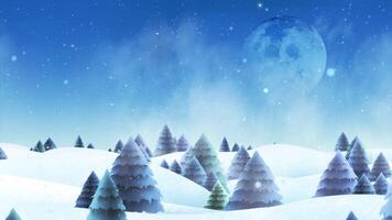 Winter Trees in the Snow with Full Moon 4K Loop features a camera flying through a winter scene with illustrated pine trees, snow falling, and a full moon in a loop video