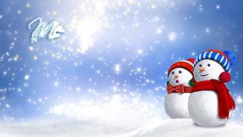 Snowman Glitter Rising Merry Christmas 4K Loop features two snow people sitting in the snow with swirling snow, clouds, and glitter particles rising and a Merry Christmas message in a loop. video