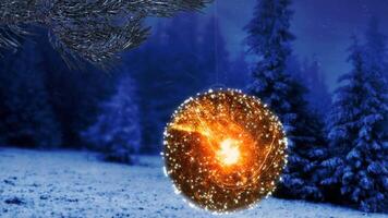 Universal Christmas Ornament Background 4K features a particle Christmas ornament with an animated space nebula within swinging from a pine branch with blowing snow and a pine forest. video