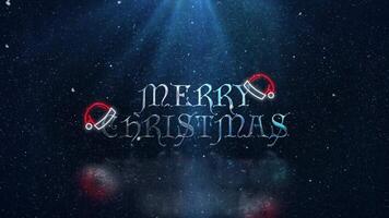 Merry Christmas with Neon Santa Hats 4K Loop features Merry Christmas metallic text with neon Santa hats hanging and blinking on and off on a surface of ice and snow falling in a loop. video