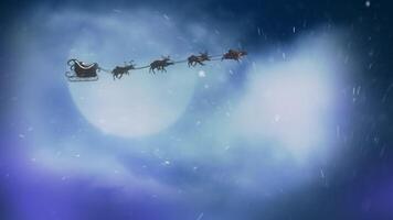 Santa Snowfall Particles Merry Christmas 4K features a clouded full moon with a silhouette of Santa flying and moving down to show a snowfall revealing a Merry Christmas message. video