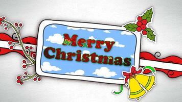 Merry Christmas Happy New Year Cartoon Cutouts 4K Loop features a cartoon looking Merry Christmas Happy New Year message in a loop video