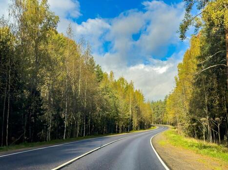 Peaceful scene of a winding road cutting through a lush forest in Karelia, with autumn leaves creating a warm, inviting atmosphere. Captured on a sunny day with a partly cloudy sky, this image photo