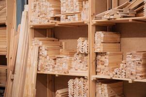 Furniture factory workshop with wood items. photo