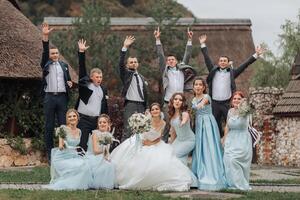 A group of people are posing for a picture, with a bride and groom in the center photo