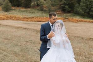A bride and groom are standing in a field, with the bride wearing a veil photo