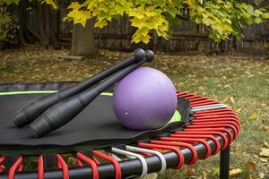 rebounding trampoline with a pair of Indian clubs and a small medicine ball in a backyard fall scenery photo