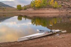rowing shell on shore of Horsetooth Reservoir in northern Colorado, October scenery photo