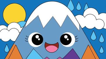 A cartoon mountain with rain drops and clouds vector