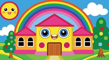 A cartoon house with a rainbow in the background vector