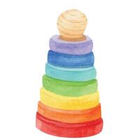 Close-up of watercolor rainbow pyramid made of wood Educational toy designed to promote fine motor skills and color recognition in young children. Illustration composition isolated from the background vector