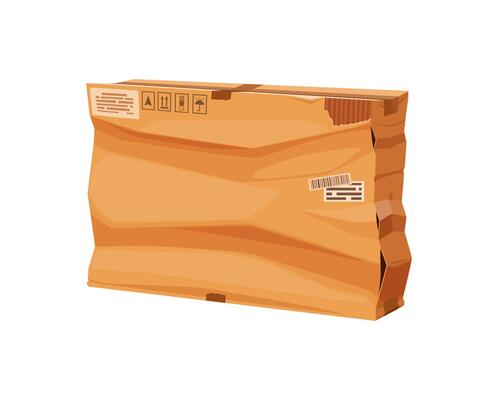 Cartoon damaged box, crushed post parcel