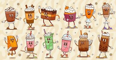 Retro groovy dessert characters, set vector