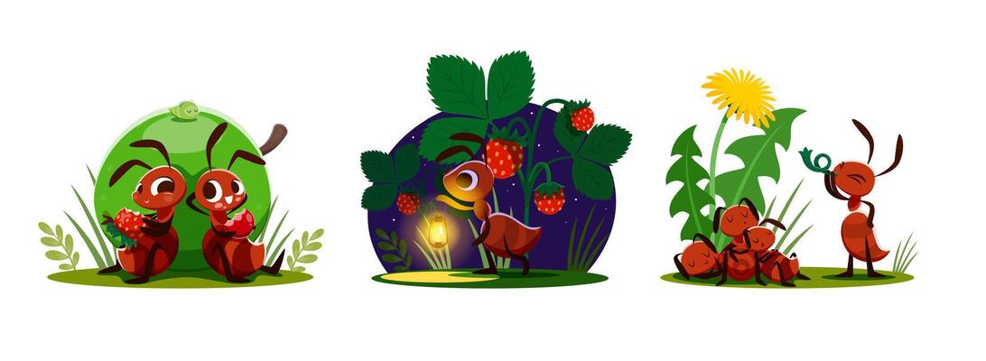 Cartoon ant insects characters, funny brown bugs