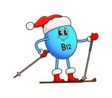 Christmas groovy vitamin B12 character on ski vector