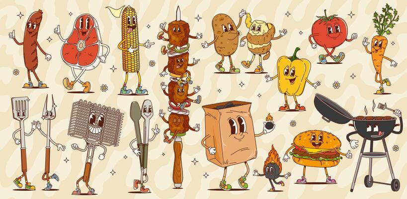 Retro cartoon groovy bbq barbeque food characters