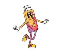 Cartoon groovy computer flash drive character vector