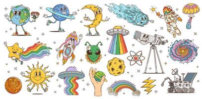 Cartoon groovy space astronaut, alien characters vector