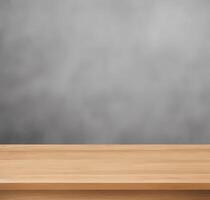Empty wooden table with black-grey blur wall background photo