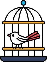 A bird is sitting in a cage with a blue and yellow top vector