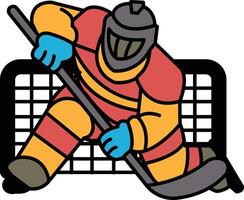 A hockey player in a red and orange uniform is holding a hockey stick vector