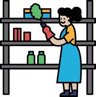 A woman is cleaning a shelf in a store vector