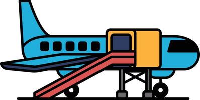 A blue and yellow airplane with a red ramp leading to the door vector