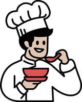 A chef is eating soup with a spoon vector